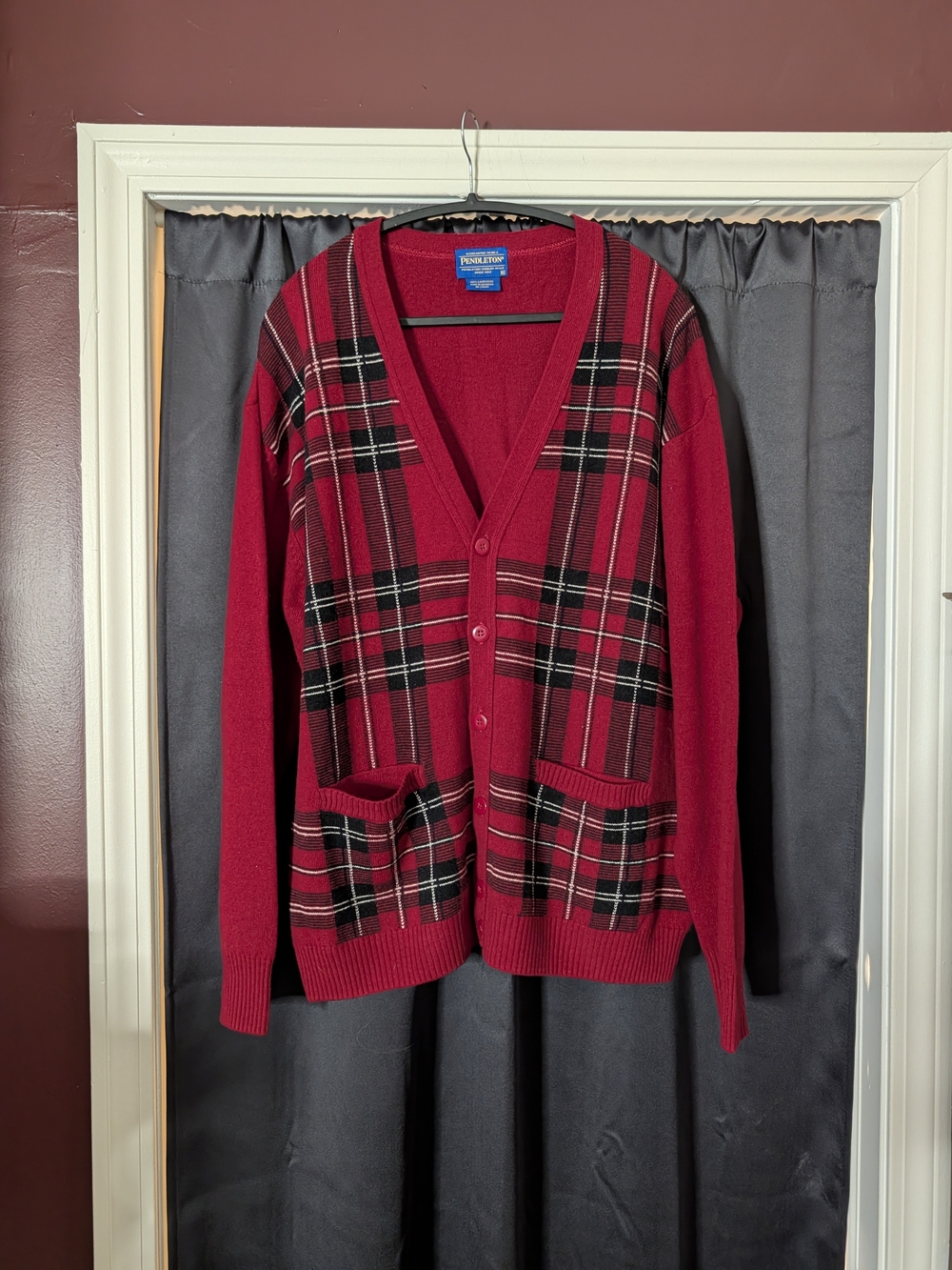 Pendleton Red Plaid Lambswool Knit Button-Front Men’s Cardigan Sweater XL